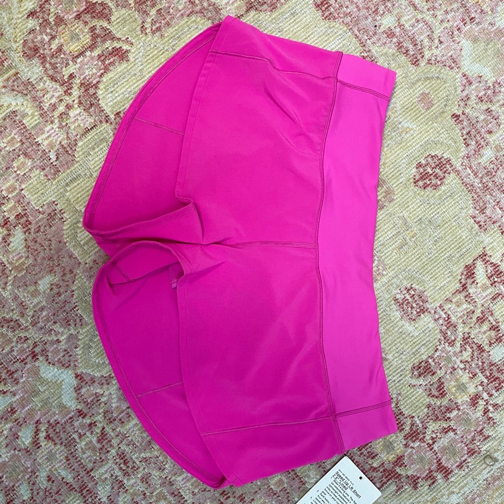 New with tags Lululemon pow pink speed up shorts; size 10, lined, 2.5” inseam